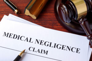 Medical Negligence claim and gavel on a table.